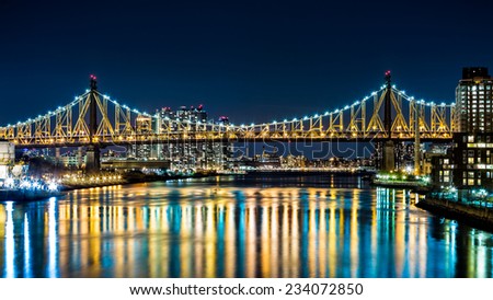 Ed Koch bridge (aka Queensboro bridge) as viewed by night from Roosevelt Island bridge in Queens, New York