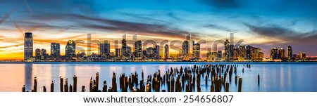 Jersey City panorama at sunset as viewed from Tribeca, New York across the Hudson River