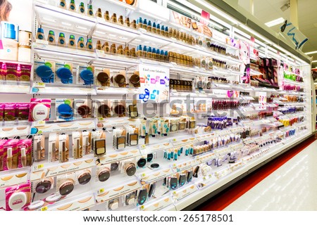 WHARTON, NJ, USA - MARCH 30, 2015: Shelves with cosmetics in a Target store. Target is the second-largest discount retailer in the United States.