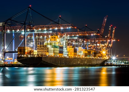 Cargo ship loaded in the New York container terminal as observed from  Elizabeth, NJ