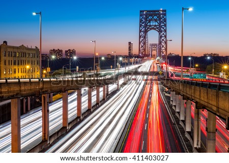 Rush hour traffic with light trails on George Washington Bridge, in New York City