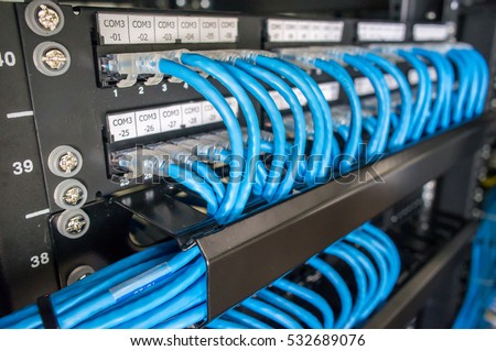 Ethernet cables and path panel in rack cabinet