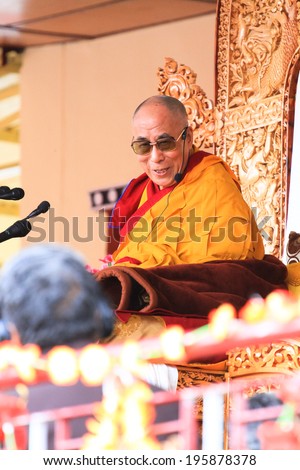 LEH, INDIA - AUGUST 5, 2012: His Holiness the 14th Dalai Lama gives teachings on August 5, 2012 at Shewatsel Grounds, Leh, Jammu and Kashmir, India.