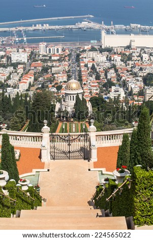 Bahai gardens on the slopes of the Carmel Mountain, Haifa city and harbor, Israel