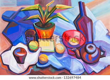 Still life with a dark blue cloth and a pot with a plant