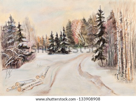 Winter wood with birches and dense fur-trees