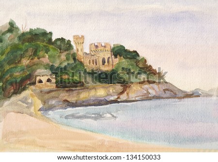 View on the city of Lorret-de-mar and an old fortress from the sea on the city of Lorret-de-mar and an old fortress from the sea
