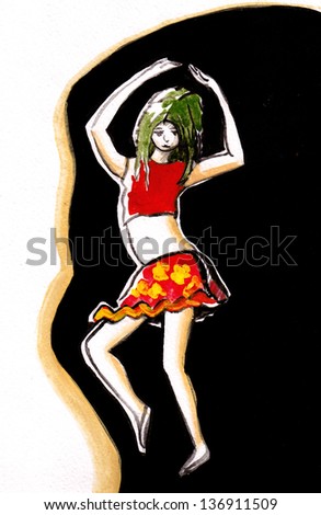The little girl in a green wig dances belly dance