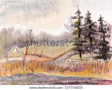 Sad landscape of late autumn, field, distance, in the fur-tree foreground