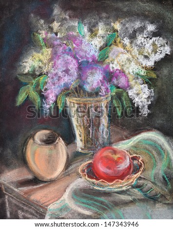 Still life with a bouquet of a lilac and a tomato