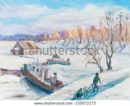 Coast of lake in the winter. The ships waiting for navigation