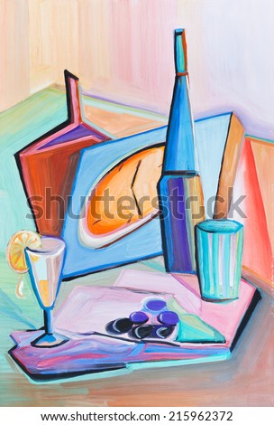 still life with bottles,  o\'clock and fruit