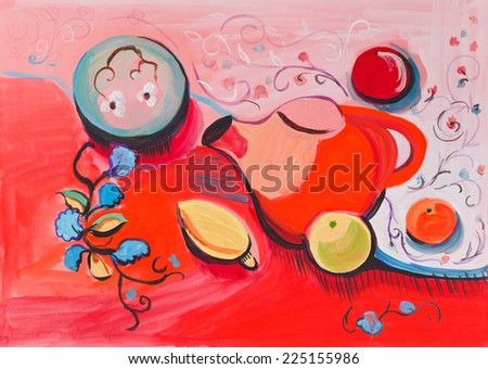 Still life with blue flowers and fruits on red cloth