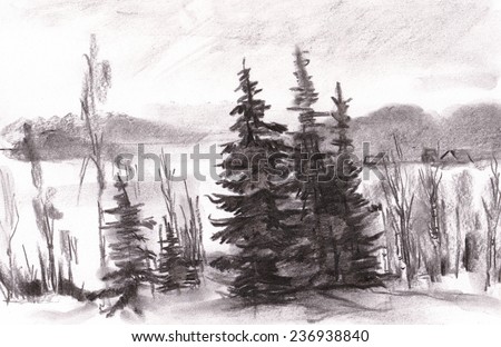 Winter landscape, painting with coal. Black and white