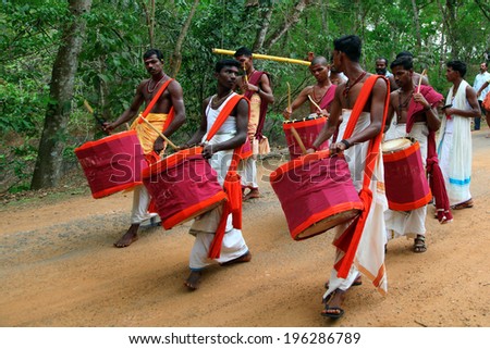 Pattazhi, INDIA - MARCH 9 :Percussion artists play drums in the (cylindrical percussion instrument used widely in Kerala) in Pattazhi Temple Festival March 9, 2014 in Kottarakkara, Kerala, India.