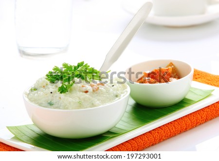 South Indian meal curd rice  (also called yogurt rice )with pickle,