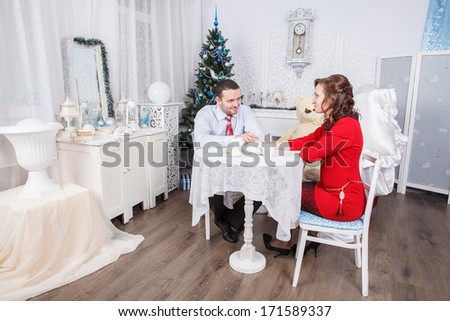 young couple, table, sitting, tea, drink