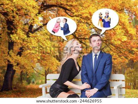Young couple on a bench first date