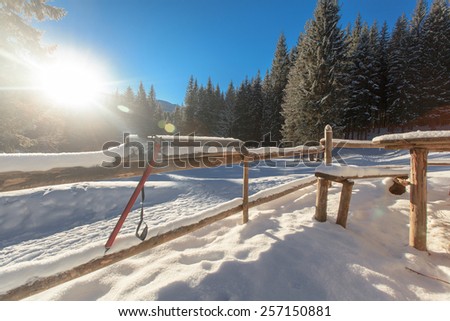 Sunrise, winter, mountain chalets