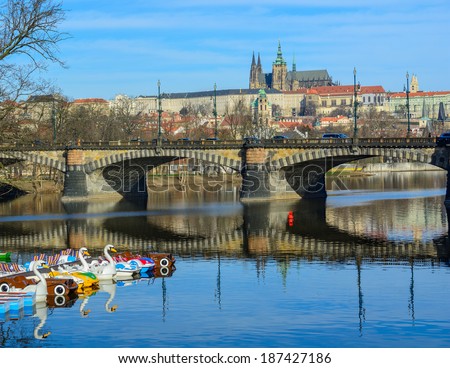 Prague castle with the legion bridge and water attractions