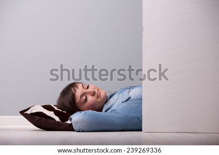 sleeping relaxed on the floor on a pillow behind the wall