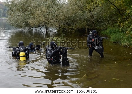 MOSCOW, RUSSIA - SEPTEMBER 16:Special-purpose Units of the army and police are designed for special events with the use of special tactics and tools. Training frogmen 16 September 2013 in Moscow