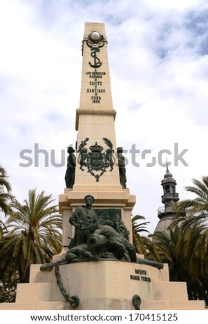 CARTAGENA. SPAIN - APRIL, 5 2013: Mediterranean city and seaport. Monument on the square of Heroes de Cavite sailors perished in battles with the Americans in 1898  in Cavite and Sant Iago de Cuba.