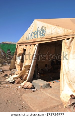 HARGEISA, SOMALIA - JANUARY 11, 2010: African refugee camp on the outskirts of Hargeisa in Somaliland. With the support of UNICEF, an international organization it operates the school.