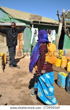 HARGEISA, SOMALIA - JANUARY 11, 2010: One of the largest refugee camps for African refugees and displaced people on the outskirts of Hargeisa under auspices of UN. Point of delivery of drinking water.
