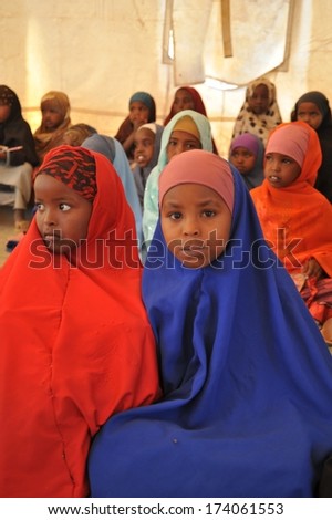 HARGEISA, SOMALIA - JANUARY 11, 2010: Unidentified children in an African refugee camp on the outskirts of Hargeisa in Somaliland. With the support of UNICEF, an international organization it operates the school.