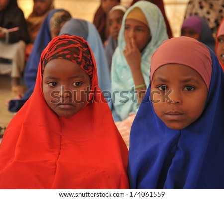 HARGEISA, SOMALIA - JANUARY 11, 2010: Unidentified children in an African refugee camp on the outskirts of Hargeisa in Somaliland. With the support of UNICEF, an international organization it operates the school.