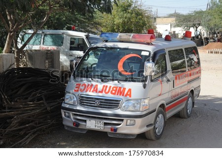 Hargeisa, Somalia - January 8, 2010: Ambulance The Edna Adan University Hospital. Is A Non-Profit Charity That Was Built By Edna Adan Ismail Who Donated Her Un Pension Assets To Build The Hospital.