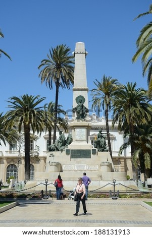 CARTAGENA, SPAIN - MAY, 28 2013: Mediterranean city and seaport. Monument on the square of Heroes de Cavite sailors perished in battles with the Americans in 1898  in Cavite and Sant Iago de Cuba.
