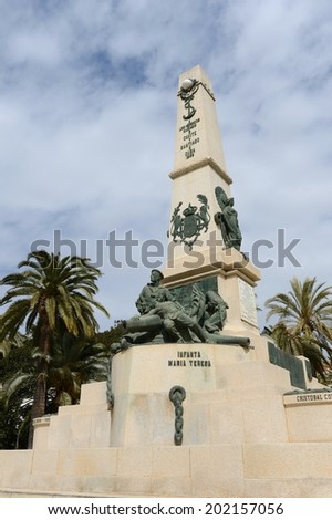 CARTAGENA, SPAIN - APRIL, 5 2013: Mediterranean city and seaport. Monument on the square of Heroes de Cavite sailors perished in battles with the Americans in 1898  in Cavite and Sant Iago de Cuba.