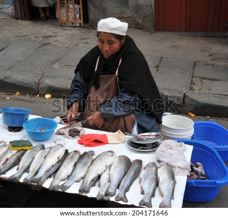 PAZ, BOLIVIA - SEPTEMBER 5, 2010: Large high city and actual capital in the Central part of South America. The majority of the population lives in poverty. Women selling on the street of La Paz.
