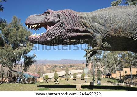 SUCRE, BOLIVIA - SEPTEMBER 6, 2010: Sucre is the official capital of Bolivia.Great dinosaur Park, where traces of these ancient reptiles. There are models of dinosaurs that once lived in this area.