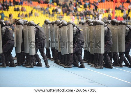 MOSCOW, RUSSIA - OCTOBER 19, 2013:Special-purpose Units of the army and police are designed for special events with the use of special tactics and tools. Police at the stadium.