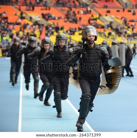 MOSCOW, RUSSIA - OCTOBER 19, 2013:Special-purpose Units of the army and police are designed for special events with the use of special tactics and tools. Police at the stadium.