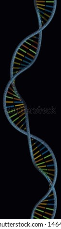 colorized 3D DNA model, vertical, black background, super long, very high resolution