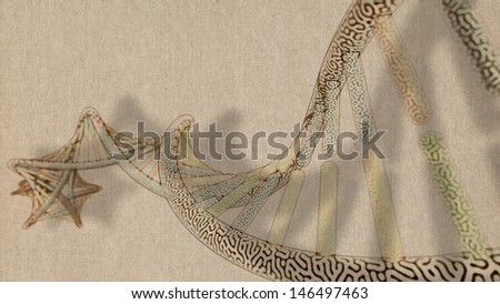 retro colorized sketch of DNA model, on canvas background, 3D rendering with Depth of Field (DoF)