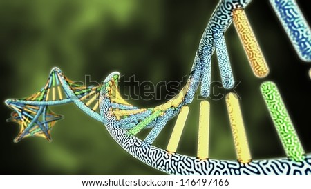colorized DNA model on Green Biological styled background, 3D rendering with Depth of Field (DoF)