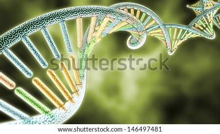colorized DNA model on Green Biological styled background, 3D rendering with Depth of Field (DoF)