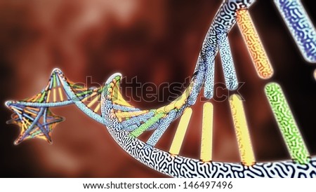 colorized DNA model on Red Biological styled background, 3D rendering with Depth of Field (DoF)