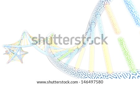 colorized sketch of DNA model, on white background, 3D rendering with Depth of Field (DoF)