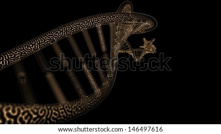 dark golden DNA model on black background, Mysterious, 3D rendering with Depth of Field (DoF)