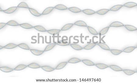 colorized DNA 3D model, on white background, horizontal, many genes