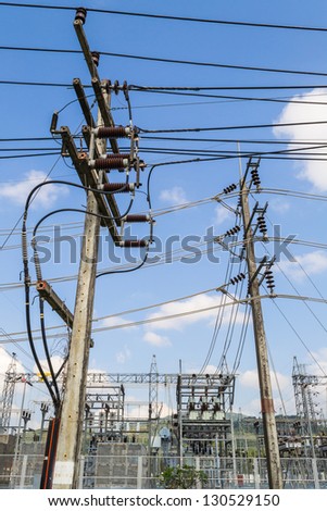 electric power station and high-tension post with blue sky