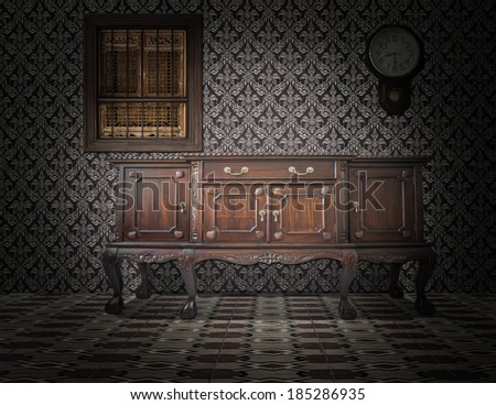 retro room with wallpaper and old wooden cupboard in old style interior