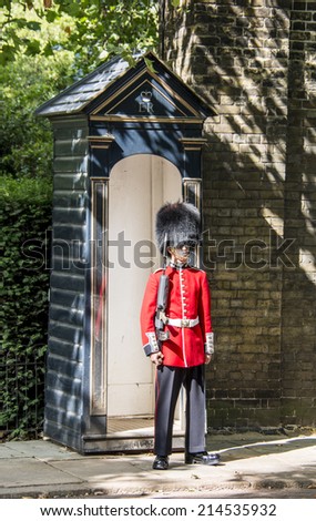 London, England - July 29th 2014: Royal guard posted outside of St. James palace, Stable Yard Road, London.