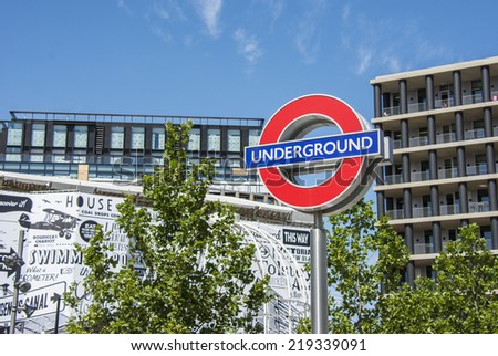 London, England - July 29th 2014: London underground sign outside Kings cross station.